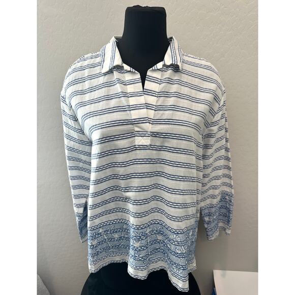 MARC NEW YORK | Blue White Striped Cotton Blend Floral Embroidered Top | Medium - Picture 2 of 7